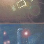 Комсомолец - светлое пятно - прожектор цивилизации -V- .иф 2006 август, -комсомолец- только лег на грунт. Рядом -V- снято август 2006